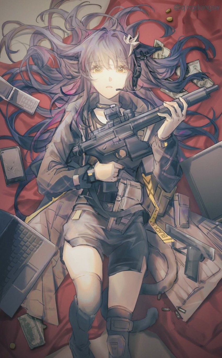 1girl animal_ear_piercing animal_ears arknights black_collar black_hair black_jacket black_shorts black_tail broken bullet cellphone chinese_commentary collar commentary_request computer gun hair_ornament hair_spread_out handgun headset highres holding holding_gun holding_weapon jacket jessica_(arknights) jessica_the_liberated_(arknights) laptop long_hair long_sleeves lying multicolored_hair on_back parted_lips phone pouch purple_hair qingdongsw shorts smartphone solo streaked_hair submachine_gun tail weapon yellow_eyes