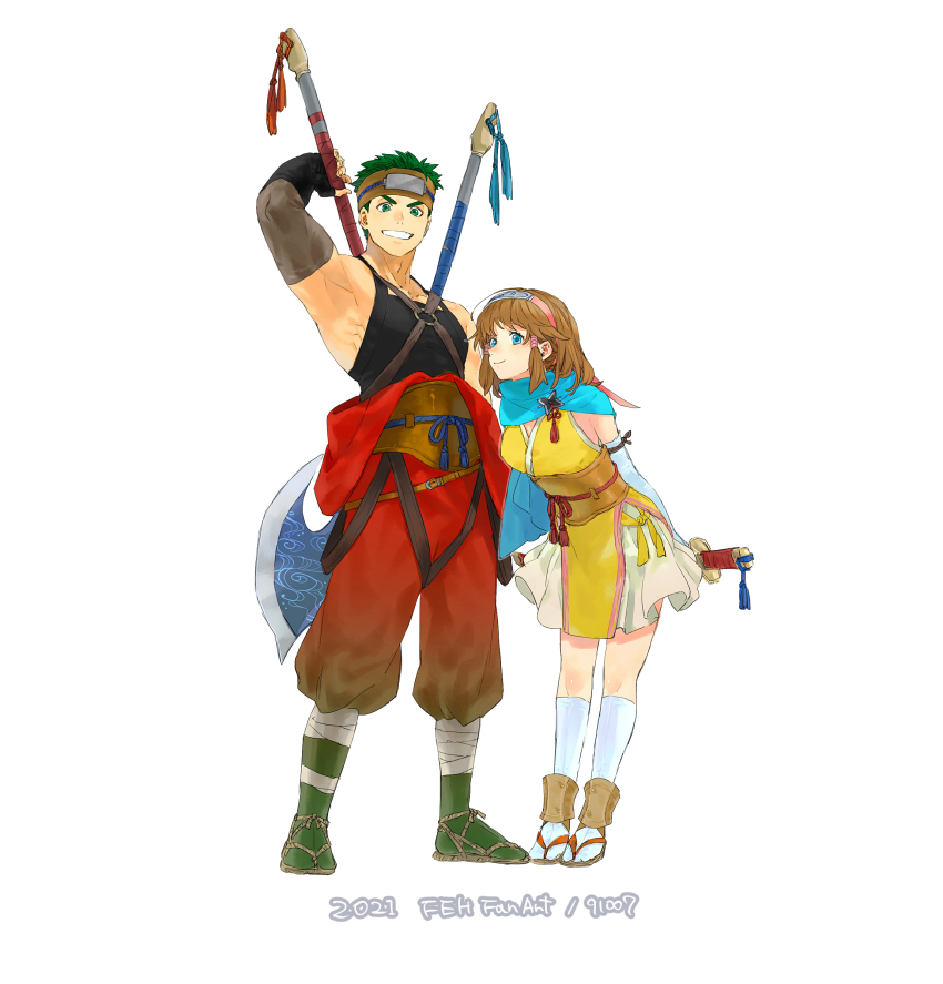 1boy 1girl 91007 absurdres alternate_costume aqua_eyes aqua_scarf armpits arms_behind_back artist_name axe baggy_pants bandaged_leg bandages black_gloves black_shirt boyd_(fire_emblem) breasts brown_hair brown_headband brown_sandals closed_mouth commentary_request copyright_name dagger dated elbow_gloves fingerless_gloves fire_emblem fire_emblem:_path_of_radiance full_body gloves green_eyes green_hair green_socks grin hair_tubes hairband hand_up headband highres invisible_floor japanese_clothes kimono kimono_dress kneehighs knife leaning_forward long_hair looking_at_viewer medium_breasts mist_(fire_emblem) ninja nintendo obi pants red_pants sandals sash scarf shirt short_hair short_kimono shuriken simple_background sleeveless sleeveless_shirt smile socks standing tassel weapon weapon_on_back white_background white_gloves white_socks