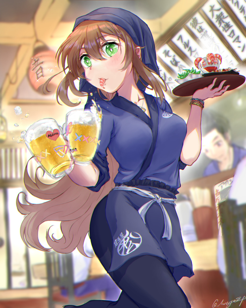 1girl artist_name beer_mug blurry blurry_background bracelet breasts brown_hair chair cleavage cup eating green_eyes heart highres holding holding_tray indoors izakaya jewelry lantern matsunaga_iori motoja_72p mouth_hold mug necklace open_mouth paper_lantern samue shrimp smile sweat tray twitter_username virtual_youtuber vocaloid vsinger_(vocaloid)