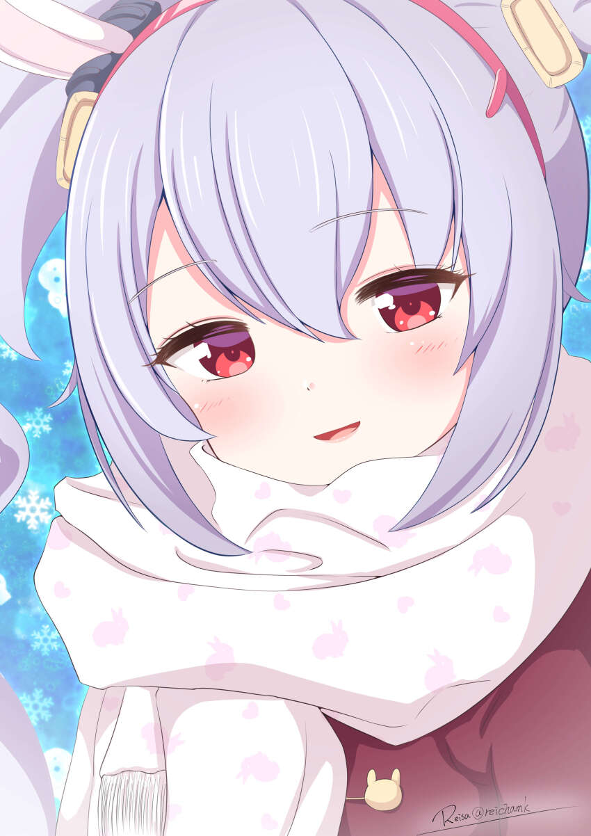 1girl absurdres alternate_costume animal_ears animal_print azur_lane blush coat commentary english_commentary fake_animal_ears hair_between_eyes hairband headgear highres laffey_(azur_lane) lips open_mouth rabbit-shaped_buttons rabbit_ears rabbit_print red_coat red_eyes red_hairband reisa-aisaka scarf signature simple_background smile snowflakes solo twintails white_hair white_scarf winter