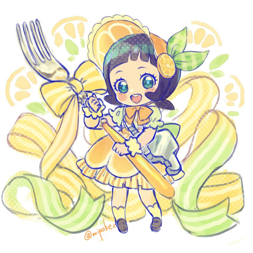 1girl :d alternate_costume black_eyes black_hair blush bow bowtie brown_shoes dress fork full_body giant_fork highres holding holding_fork looking_at_viewer mipokec nintendo open_mouth orange_bow orange_bowtie pokemon pokemon_sv poppy_(pokemon) shoes short_hair smile socks solo teeth twitter_username upper_teeth_only white_socks