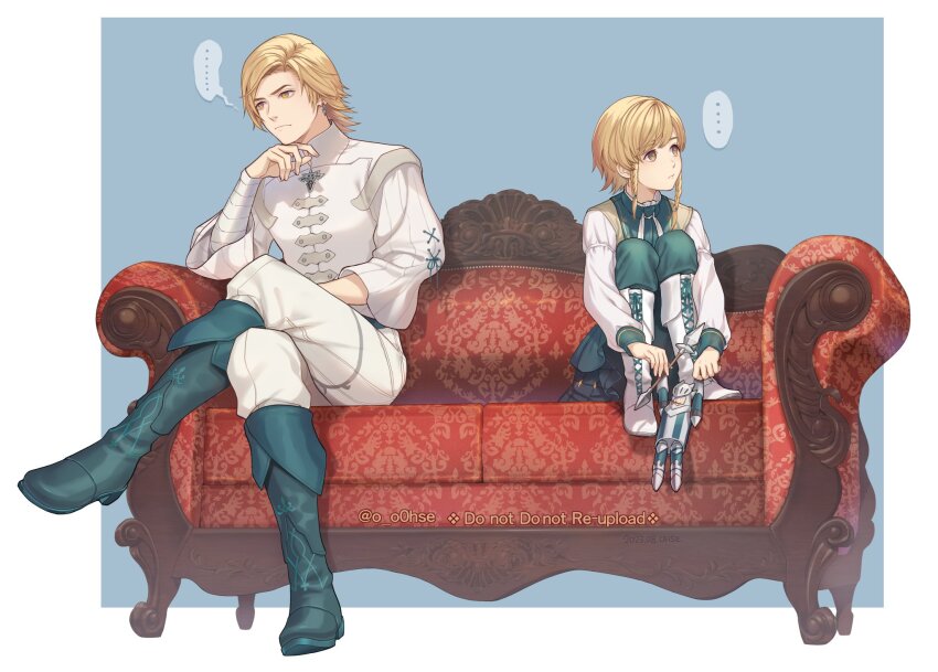 ... 2boys blonde_hair boots border braided_sidelock brothers child couch dion_lesage final_fantasy final_fantasy_xvi green_footwear green_pants half-siblings highres holding holding_toy multiple_boys ohse olivier_lesage on_couch outside_border pants siblings toy white_border white_footwear white_pants yellow_eyes