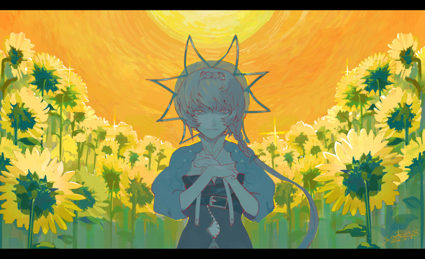 1girl belt braid breasts crown_braid fate/grand_order fate_(series) field flower flower_field hat long_hair looking_at_viewer orange_sky overalls puffy_sleeves side_braid sky small_breasts solo straw_hat sun sunflower sunflower_field van_gogh_(fate) van_gogh_(first_ascension)_(fate) yatsushiro_(8246428)