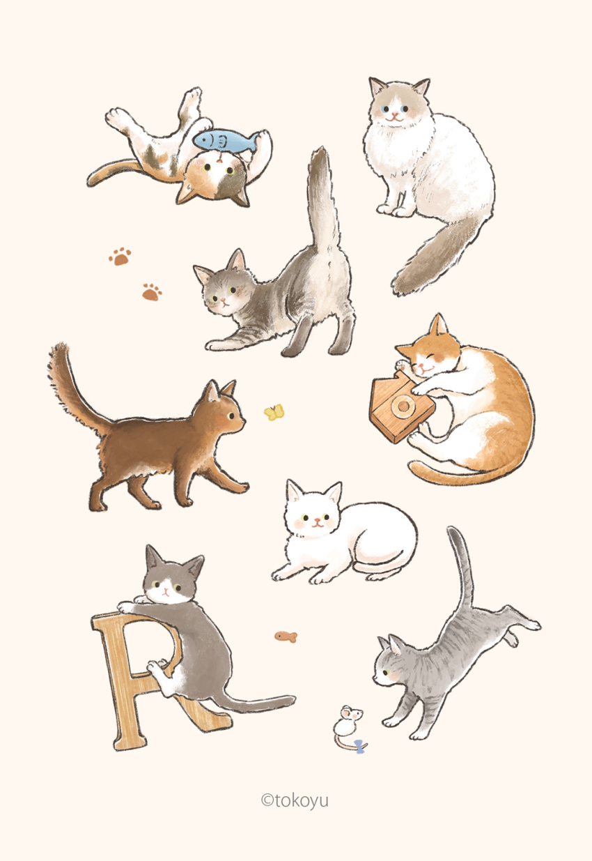 :3 alphabet animal_focus ass black_eyes blue_eyes blue_ribbon brown_fur bug butterfly calico cat chasing climbing closed_mouth fish from_behind from_side full_body grey_fur highres hugging_object insect looking_ahead looking_at_another looking_back lying mouse_(animal) no_humans on_back on_side original paw_print pixiv_username profile rearing ribbon simple_background sitting tail tail_ornament tail_raised tail_ribbon tokoyu turning_head twitter_username upside-down walking white_background white_cat white_fur