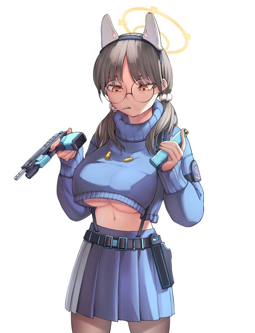 1girl animal_ears belt black_pantyhose blue_archive blue_skirt blue_sweater breasts brown_eyes brown_hair bullet candy chupa_chups commentary_request cropped_sweater fake_animal_ears food glasses gun gunbelt hair_bobbles hair_ornament hairband halo handgun highres holding holding_gun holding_weapon large_breasts lollipop long_hair long_sleeves looking_afar low_twintails moe_(blue_archive) mouth_hold navel pantyhose parted_bangs pleated_skirt police_riot_(artist) rabbit_ears school_uniform sidelocks simple_background skirt solo stomach sweater turtleneck turtleneck_sweater twintails underboob weapon white_background