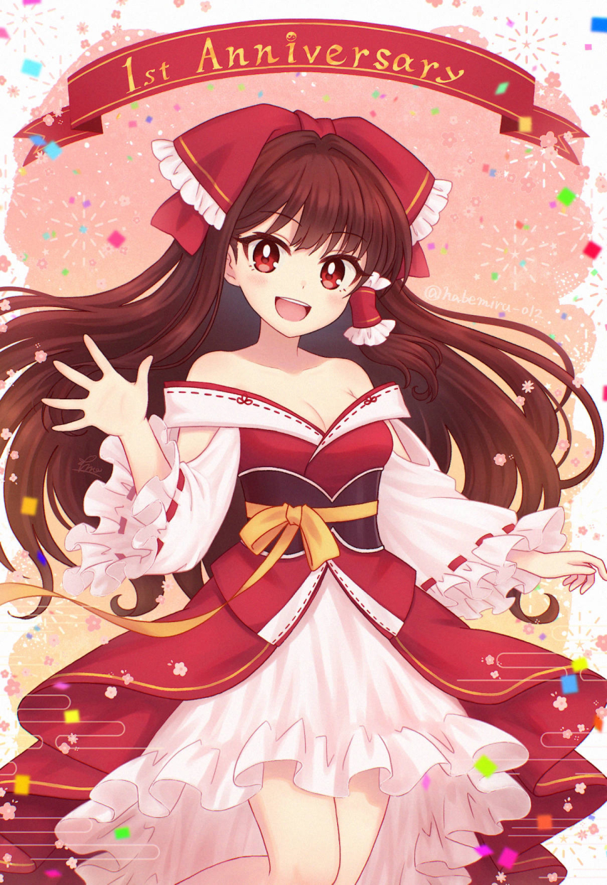 1girl anniversary bow breasts brown_hair cleavage commentary_request confetti dress frilled_sleeves frills hair_bow hair_tubes hakurei_reimu highres long_hair long_sleeves looking_at_viewer miruki obi open_mouth ribbon-trimmed_sleeves ribbon_trim sash single_hair_tube smile solo touhou touhou_gensou_eclipse very_long_hair