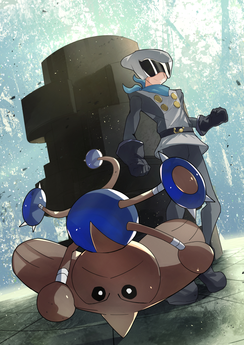 1boy :&lt; absurdres belt black_belt black_gloves cipher_peon closed_mouth gen_2_pokemon gloves grey_helmet grey_pants grey_shirt headstand helmet highres hitmontop male_focus nintendo outdoors pants pokemon pokemon_(creature) pokemon_colosseum shirt skrub_(pokemon) smile standing zeroartwo
