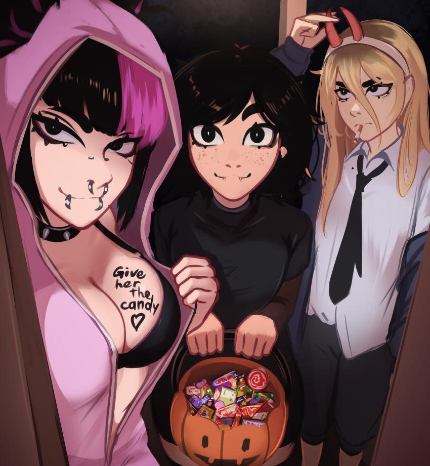 body_writing breasts candy food halloween han_juri highres jessie_(veyonis) mika_(veyonis) power_(chainsaw_man) vampire_costume veyonis yuna_(veyonis)