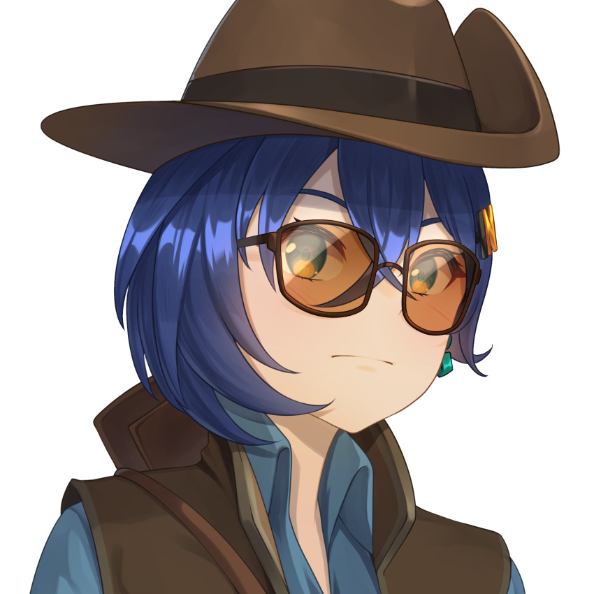 1girl acrylicstroke belle_(zenless_zone_zero) blu_sniper_(tf2) blue_eyes blue_hair blue_shirt brown_vest closed_mouth collared_shirt commission commissioner_upload cosplay earrings hat highres jewelry looking_at_viewer non-web_source shirt short_hair single_earring sniper_(tf2) sniper_(tf2)_(cosplay) solo sunglasses team_fortress_2 transparent_background upper_body vest zenless_zone_zero
