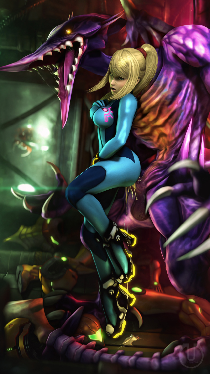 1girl 3d ass ass_focus blonde_hair breasts cum cum_on_body cum_on_lower_body defeat defeated_heroin green_eyes high_heels interspecies leg_up legs long_hair long_legs looking_back metroid metroid_(creature) monster nintendo open_mouth ponytail ridley samus_aran sex sex_from_behind skin_tight skinsuit standing super_smash_bros. urbanator