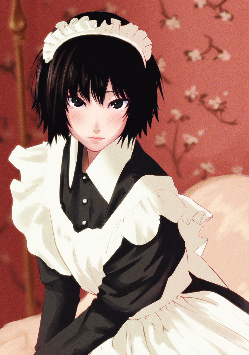1girl absurdres alternate_costume amagami apron bed bedroom black_dress black_eyes black_hair blurry blurry_background blush canopy_bed collared_dress commentary depth_of_field dress enmaided film_grain floral_print frilled_apron frilled_hairband frills hair_between_eyes hairband highres indoors juliet_sleeves leaning_to_the_side lips long_sleeves looking_at_viewer maid maid_headdress nanasaki_ai on_bed oshizu own_hands_together pillow pink_lips puffy_sleeves red_background short_hair sitting solo upper_body v_arms wallpaper_(object) white_apron white_hairband white_trim yokozuwari