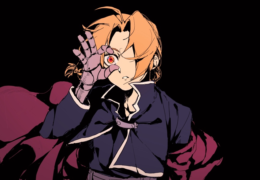 1boy ahoge black_background black_jacket black_shirt blonde_hair braid coat coat_partially_removed edward_elric fullmetal_alchemist hair_over_one_eye highres holding_eye_open jacket long_hair male_focus mechanical_arms military_uniform parted_bangs parted_lips red_coat red_eyes shirt single_braid single_mechanical_arm solo upper_body yeknnnnn