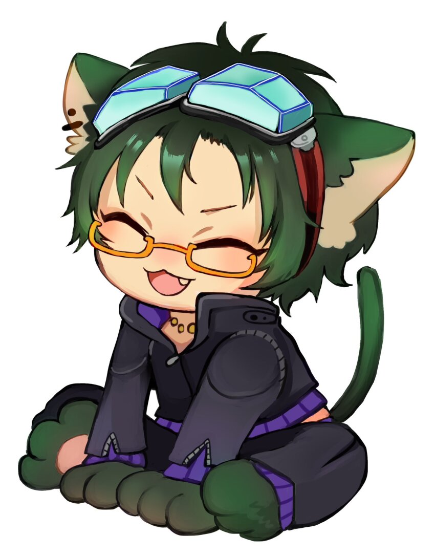 1boy animal_ears black_hair cat_ears chibi full_body glasses gnosia goggles green_hair highres jacket jewelry koyuuuuuuuuuuu long_sleeves looking_at_viewer male_focus navel necklace sha-ming shirt short_hair smile solo tail
