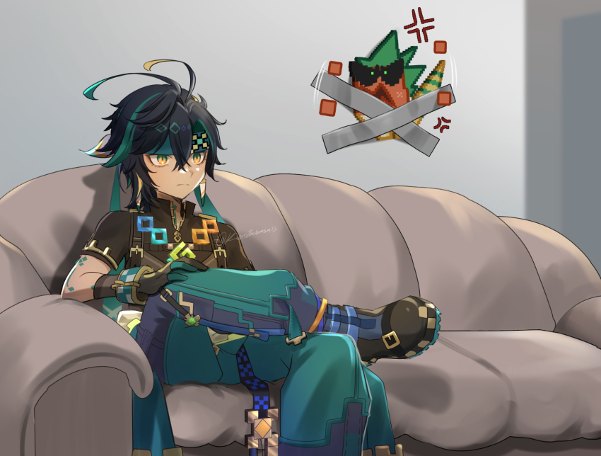 1boy ajaw_(genshin_impact) anger_vein angry antenna_hair aqua_gloves aqua_headband aqua_pants aqua_ribbon arm_tattoo artist_name black_boots black_gloves black_hair black_ribbon black_shirt blonde_hair blue_pants blue_ribbon boots bracelet chest_harness closed_mouth commentary couch crossed_bangs crossed_legs duct_tape earrings english_commentary figure_four_sitting frown genshin_impact gloves green_eyes green_hair hair_between_eyes hair_ribbon harness headband highres indoors jewelry kid_taped_to_wall_(meme) kinich_(genshin_impact) kuro_tsubasa male_focus meme multicolored_clothes multicolored_eyes multicolored_hair multicolored_pants on_couch pants parted_bangs ribbon shirt short_hair short_sleeves signature sitting solo streaked_hair tape tattoo twitter_username two-tone_gloves vision_(genshin_impact) yellow_eyes zipper zipper_pull_tab