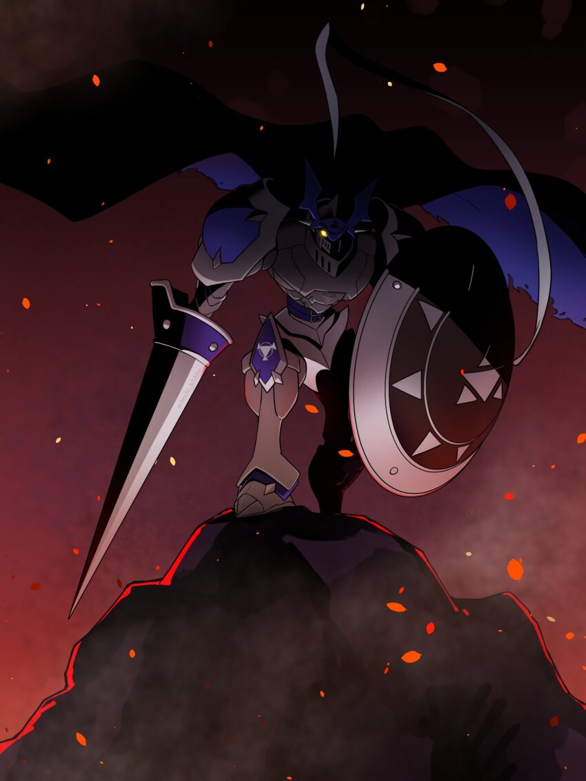1boy armor blue_cape cape chaosdukemon digimon digimon_(creature) full_body glowing highres holding holding_polearm holding_shield holding_weapon knight lance male_focus manchi_kansuke polearm shield solo weapon