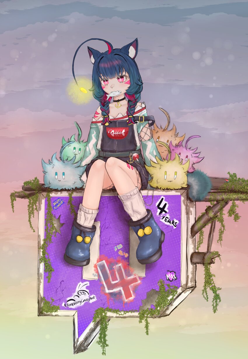 1girl absurdres anglerfish_girl animal_ears anniversary bare_shoulders blue_boots blue_hair blue_overalls boots braid breasts cat_ears cat_girl cat_tail choker commentary english_commentary english_text facial_mark fish_girl fish_skeleton fishnets food_in_mouth gills heart heart-shaped_hair highres indie_virtual_youtuber jewelry kitanya_(anglerfish) kitanya_nyanta max_(kitanya) multicolored_hair necklace overall_shorts overalls perching petite raspcrazyant red_eyes red_hair sitting small_breasts socks tail triangle triangle_facial_mark twin_braids twitch_logo virtual_youtuber white_socks