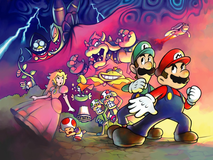 3girls 6+boys @_@ absurdres blonde_hair boots bowser breasts brothers cackletta closed_eyes crown dress elbow_gloves epic facial_hair fawful fighting_stance general_sharshade gloves grin hat highres large_breasts lightning long_hair luigi mario mario_&amp;_luigi_rpg mario_(series) multiple_boys multiple_girls mustache nintendo official_art open_mouth popple prince prince_peasley princess princess_peach puffy_short_sleeves puffy_sleeves queen queen_bean sergeant_starshade sharp_teeth shoes short_hair short_sleeves siblings smile super_mario_bros._1 superstar_saga suspenders teeth toad_(mario)