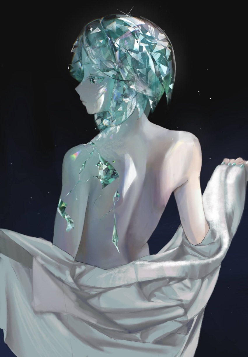 1other androgynous aqua_eyes aqua_hair aqua_nails back broken cloak colored_eyelashes colored_skin cracked_skin crystal_hair dark_background expressionless from_behind gem glint glowing glowing_hair gradient_background highres houseki_no_kuni lips nail_polish naked_cloak nude other_focus parted_bangs phosphophyllite phosphophyllite_(gemstone) profile rasima_wani short_hair solo sparkle w_arms white_cloak white_skin