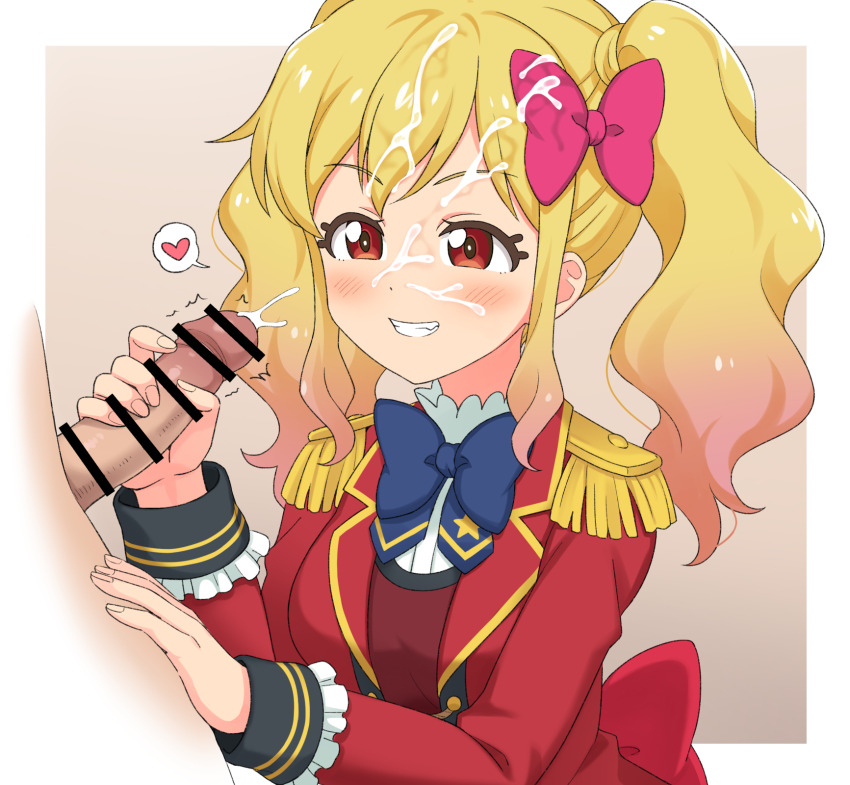 1boy 1girl aikatsu!_(series) aikatsu_stars! bar_censor blonde_hair blue_bow blue_bowtie blush bow bowtie censored commentary_request commission cum cum_on_body facial formal_clothes frilled_shirt frilled_sleeves frills gradient_hair grin handjob heart hetero highres long_sleeves looking_at_another looking_at_penis multicolored_hair nijino_yume penis pixiv_commission red_eyes red_suit shirt smile solo_focus spoken_heart suit teeth tongue wavy_hair yoban