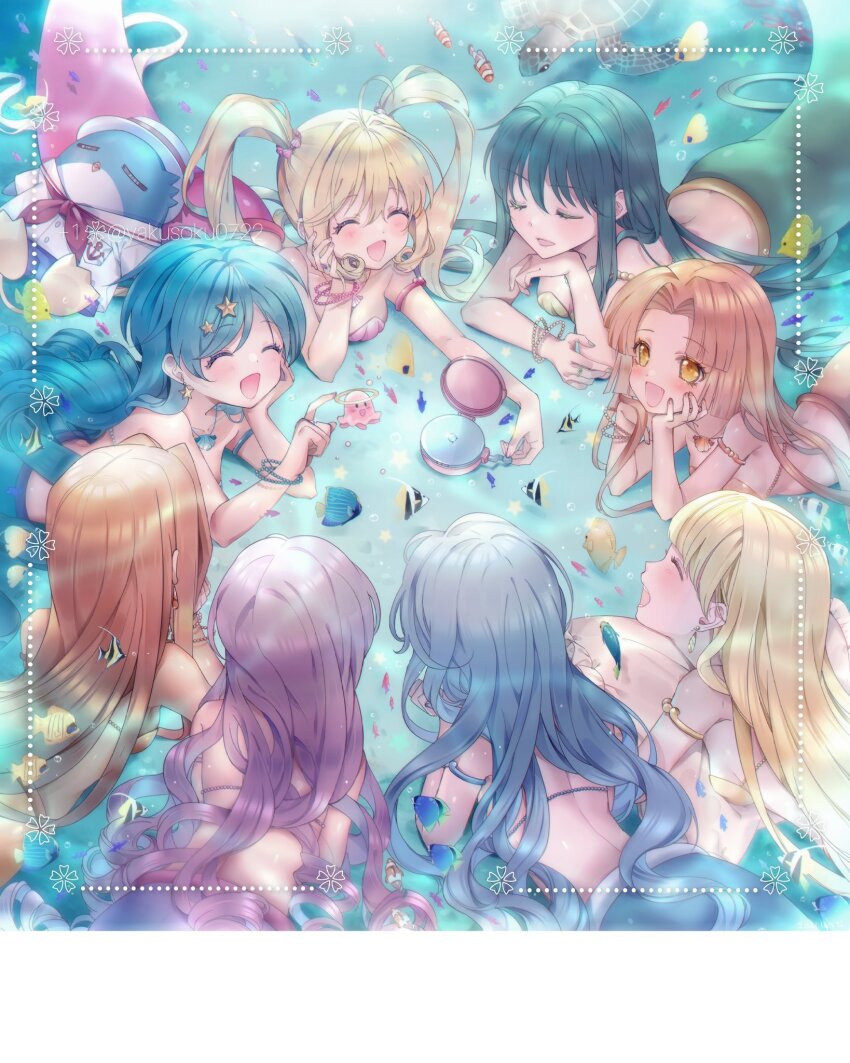 +1_(yakusoku0722) 6+girls armlet back bikini bikini_top_only blonde_hair blue_hair blush bracelet breasts caren_(mermaid_melody_pichi_pichi_pitch) closed_eyes coco_(mermaid_melody_pichi_pichi_pitch) collarbone earrings fins fish fish_tail green_bikini green_hair hair_ornament hand_on_own_cheek hand_on_own_face highres houshou_hanon houshou_hanon_(mermaid) indigo_hair jellyfish jewelry lying mermaid mermaid_melody_pichi_pichi_pitch monster_girl multiple_girls music_box nanami_lucia nanami_lucia_(mermaid) necklace noel_(mermaid_melody_pichi_pichi_pitch) on_stomach open_mouth orange_hair pink_bikini purple_hair sara_(mermaid_melody_pichi_pichi_pitch) seashell seira_(mermaid_melody_pichi_pichi_pitch) shell shell_bikini shell_hair_ornament shell_necklace smile star_(symbol) star_earrings star_hair_ornament swimsuit tail touin_rina touin_rina_(mermaid) twintails underwater wavy_hair