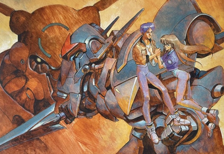 1boy 1girl blue_eyes blue_jacket blue_pants clenched_hand detonator_orgun holding holding_sword holding_weapon jacket kanzaki_miki long_hair mecha official_art orgun pants robot round_eyewear science_fiction shindou_tomoru skin_tight sword takani_yoshiyuki weapon yellow_jacket