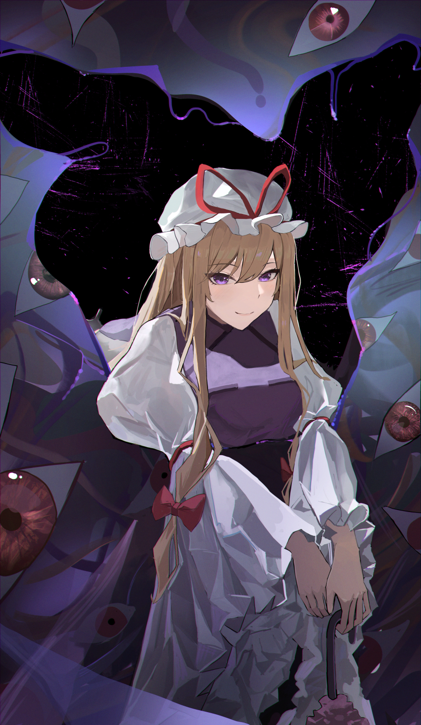 1girl absurdres blonde_hair blush closed_mouth dress gap_(touhou) hat hat_ribbon highres holding holding_umbrella long_hair long_sleeves mob_cap palulap purple_eyes red_ribbon ribbon smile solo tabard touhou umbrella white_dress white_hat wide_sleeves yakumo_yukari
