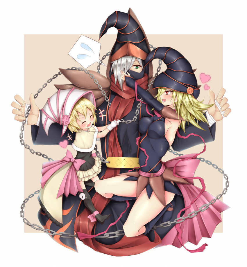 1boy 2girls blonde_hair bow capelet chain covered_mouth duel_monster elbow_gloves closed_eyes gagaga_girl gagaga_magician gagaga_sister gloves green_eyes grey_hair hat heart highres multiple_girls one_eye_covered red_eyes ribbon sandwiched skull taniwasu yu-gi-oh! yu-gi-oh!_zexal yuu-gi-ou yuu-gi-ou_zexal