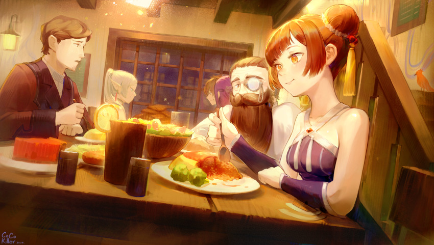 3boys 3girls :t absurdres bare_shoulders beard bird blue_eyes blunt_bangs brown_eyes brown_facial_hair brown_hair chair collarbone cup denken_(sousou_no_frieren) double_bun dress earrings eating facial_hair fern fern_(sousou_no_frieren) food formal_clothes frieren frown fruit full_mouth hair_bun hair_slicked_back handrail highres holding holding_spoon jewelry laufen_(sousou_no_frieren) long_beard long_hair looking_at_viewer mixed-language_commentary monocle mrstomachache multiple_boys multiple_girls muntins omelet omurice open_mouth orange_(fruit) orange_slice purple_dress purple_hair red_suit richter_(sousou_no_frieren) robe salad_bowl shirt short_hair sidelocks sitting sousou_no_frieren sparkle spoon stairs stark_(sousou_no_frieren) steak stille_(sousou_no_frieren) suit table twintails wall_lamp white_dress white_hair white_robe white_shirt wooden_table