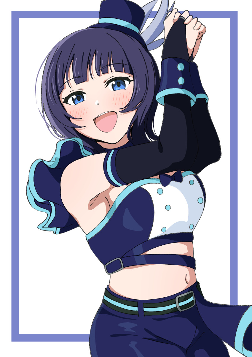 1girl :d absurdres armpits arms_up asaka_karin bandeau black_bridal_gauntlets blue_bandeau blue_eyes blue_hair blue_shorts blunt_bangs blush breasts bridal_gauntlets buttons commentary crop_top double-breasted highres interlocked_fingers large_breasts looking_at_viewer love_live! love_live!_nijigasaki_high_school_idol_club medium_hair midriff navel open_mouth own_hands_clasped own_hands_together shorts simple_background smile solo teeth uchuu_no_mozuku upper_teeth_only vivid_world_(love_live!) white_background