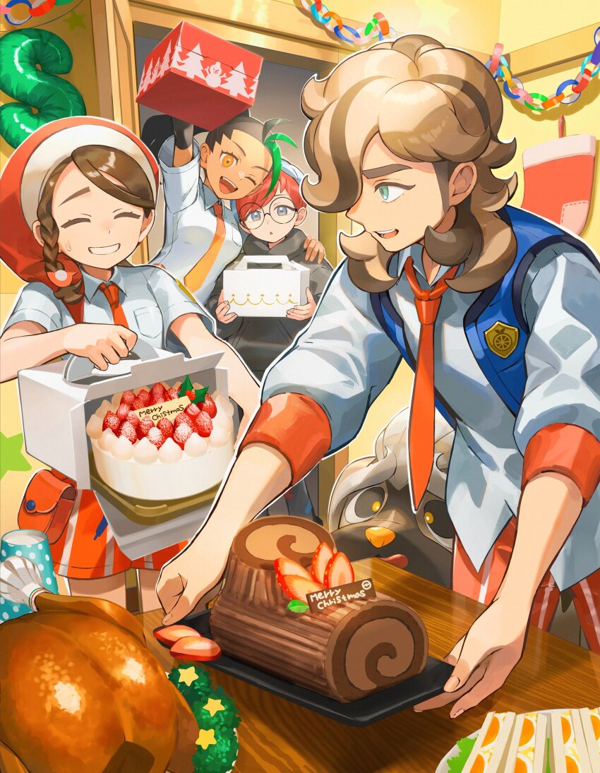 1boy 3girls absurdres aqua_eyes arven_(pokemon) black_hair box brown_eyes brown_hair cake christmas food glasses green_hair grin hat highres juliana_(pokemon) mabosstiff multicolored_hair multiple_girls naranja_academy_school_uniform necktie nemona_(pokemon) nintendo orange_mikan orange_necktie penny_(pokemon) pokemon pokemon_sv red_hair red_shorts santa_hat school_uniform shirt shorts slice_of_life smile streaked_hair striped_clothes striped_shorts swiss_roll table turkey_(food) white_shirt