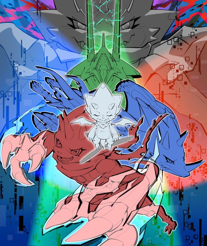 betelgammamon claws digimon digimon_ghost_game dinosaur_boy gammamon gulusgammamon highres kausgammamon tail triceratops wezengammamon wings