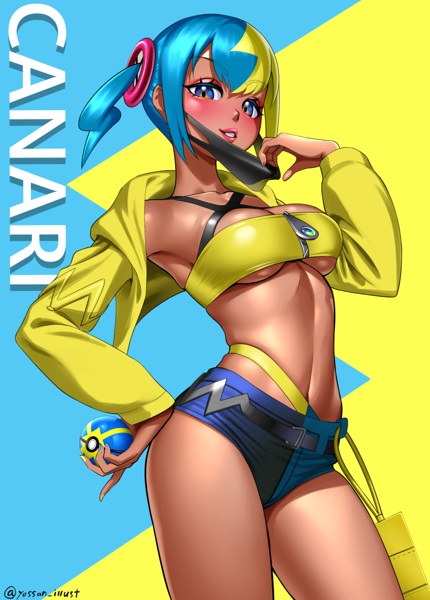 1girl absurdres aqua_background aqua_hair armpits black_mask blonde_hair blue_eyes blush breasts canari_(pokemon) center-flap_bangs cleavage collarbone commentary_request criss-cross_halter crop_top cropped_jacket dark-skinned_female dark_skin english_text fake_hair_bun halterneck highres holding holding_poke_ball jacket large_breasts mask mask_pull mega_ring mega_stone midriff mouth_mask multicolored_hair navel nintendo poke_ball pokemon pokemon_legends:_z-a quick_ball revision short_twintails shorts sidelocks solo split-color_hair sports_bra stomach twintails two-tone_background two-tone_hair two-tone_mask underboob yellow_background yellow_jacket yellow_mask yellow_sports_bra yossan_illust zipper