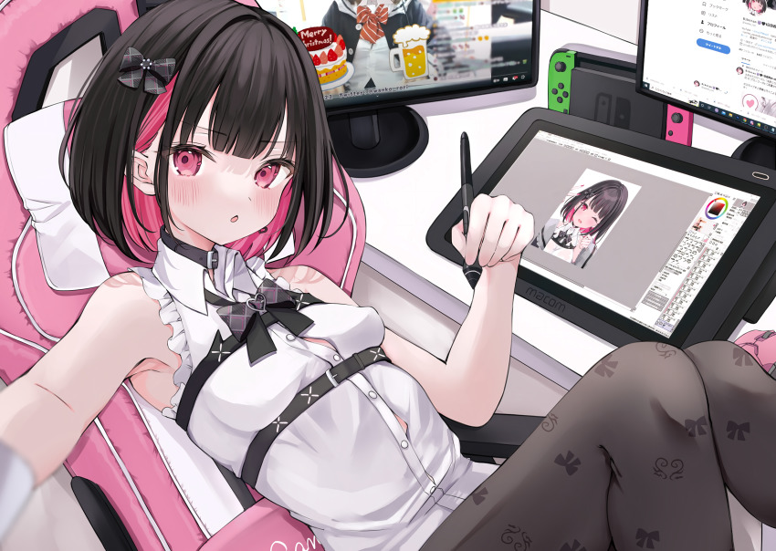 1girl absurdres black_choker black_hair black_pantyhose blush bow breasts chair choker colored_inner_hair drawing_tablet frills gaming_chair hair_bow highres holding holding_stylus indie_virtual_youtuber looking_at_viewer monitor multicolored_hair nintendo_switch pantyhose pink_eyes pink_hair rikotan rikotan_(vtuber) scan shirt short_hair simple_background sleeveless sleeveless_shirt small_breasts solo stylus swivel_chair virtual_youtuber white_shirt