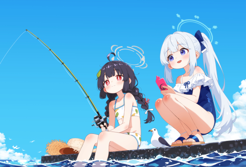 2girls ahoge bare_legs bikini bird black_hair blue_archive blue_bow blue_one-piece_swimsuit blue_ribbon blue_sky blush bow braid bright_pupils casual_one-piece_swimsuit cellphone cloud collarbone commentary_request fishing fishing_rod frilled_one-piece_swimsuit frills grey_hair hair_bow halo hat holding holding_fishing_rod holding_unworn_clothes leaf leaf_on_head leaf_print light_smile long_hair miyako_(blue_archive) miyako_(swimsuit)_(blue_archive) miyu_(blue_archive) miyu_(swimsuit)_(blue_archive) multiple_girls mutsuse official_alternate_costume one-piece_swimsuit outdoors phone ponytail ribbon ribbon-trimmed_swimsuit ribbon_trim sandals seagull sidelocks sitting sky soaking_feet squatting straw_hat swimsuit twin_braids very_long_hair white_bikini white_bow white_pupils