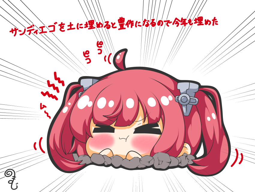 &gt;_&lt; 1girl :t absurdres ahoge azur_lane blush buried chibi closed_eyes closed_mouth emphasis_lines facing_viewer highres kurukurumagical motion_lines pout red_hair san_diego_(azur_lane) simple_background solo translation_request twintails v-shaped_eyebrows wavy_mouth white_background