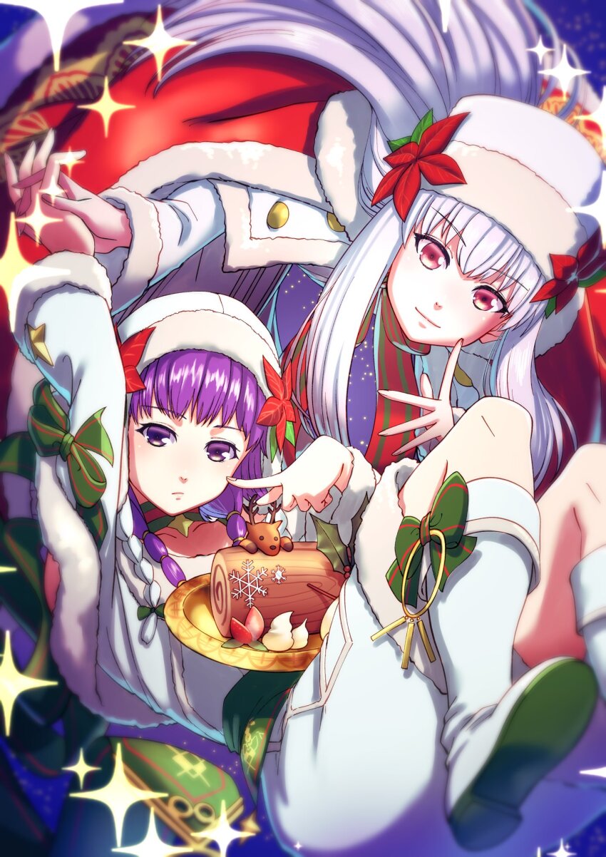 2girls aduti_momoyama arm_up boots bow cape choker christmas closed_mouth dress fire_emblem fire_emblem:_the_sacred_stones fire_emblem:_three_houses fire_emblem_heroes flower food footwear_bow frown fruit fur-trimmed_cape fur-trimmed_dress fur-trimmed_headwear fur-trimmed_sleeves fur_trim green_bow green_footwear hat hat_flower highres holding_hands interlocked_fingers leaf long_hair looking_at_viewer lute_(fire_emblem) lute_(winter)_(fire_emblem) lysithea_von_ordelia lysithea_von_ordelia_(winter) mistletoe multiple_girls nintendo official_alternate_costume pink_eyes plate purple_eyes purple_hair red_cape reindeer sleeve_bow smile sparkle strawberry striped_bow white_dress white_footwear white_hair white_headwear yule_log_(cake)