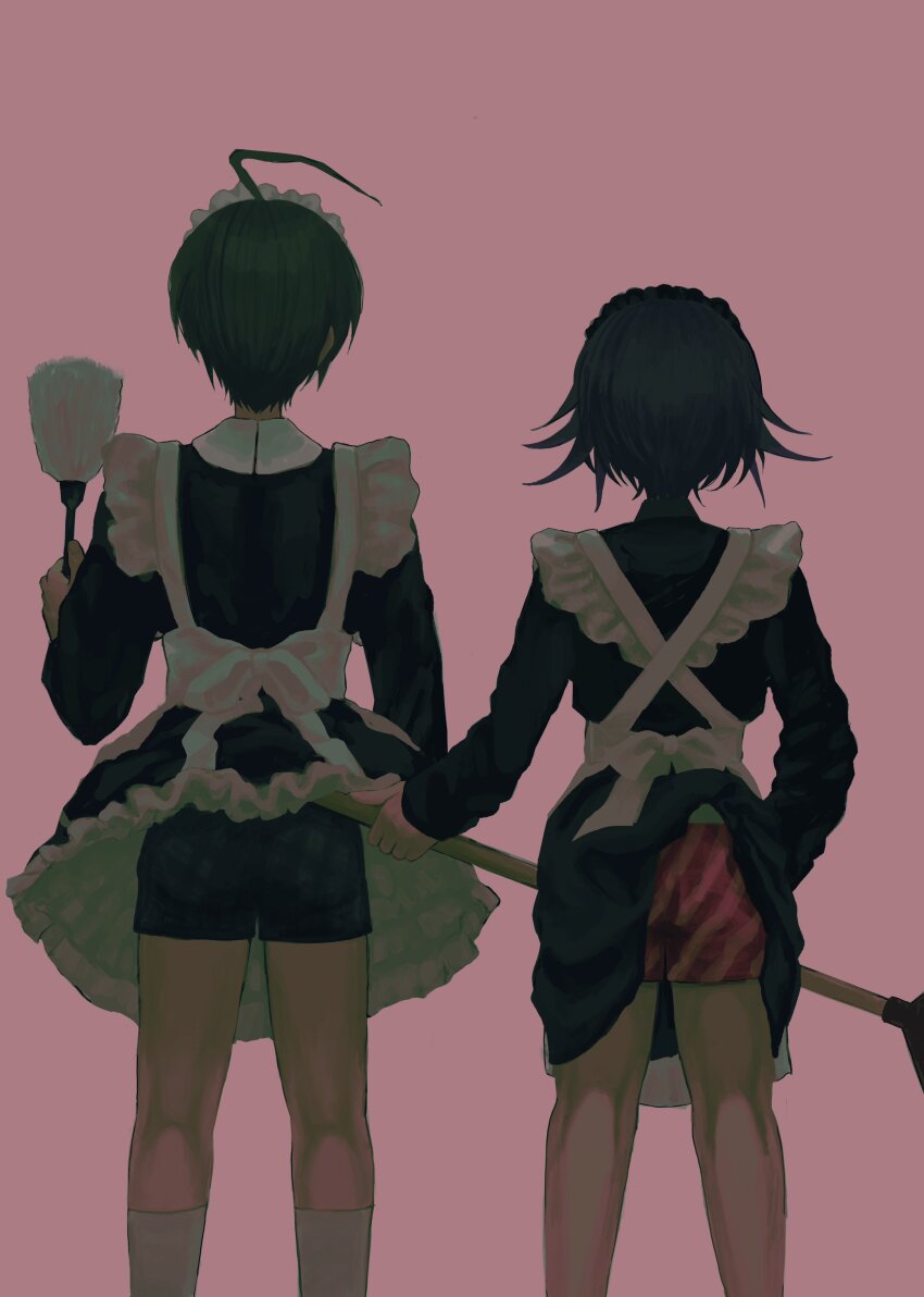 2boys absurdres ahoge alternate_costume black_dress black_hair broom crossdressing crossdressing_(mtf) danganronpa_(series) danganronpa_v3:_killing_harmony dress enmaided facing_away flipped_hair green_hair highres holding holding_broom ie_(kshgnhg) kneehighs long_sleeves maid maid_headdress male_underwear multiple_boys oma_kokichi plaid_clothes plaid_male_underwear saihara_shuichi short_hair socks striped_male_underwear underwear