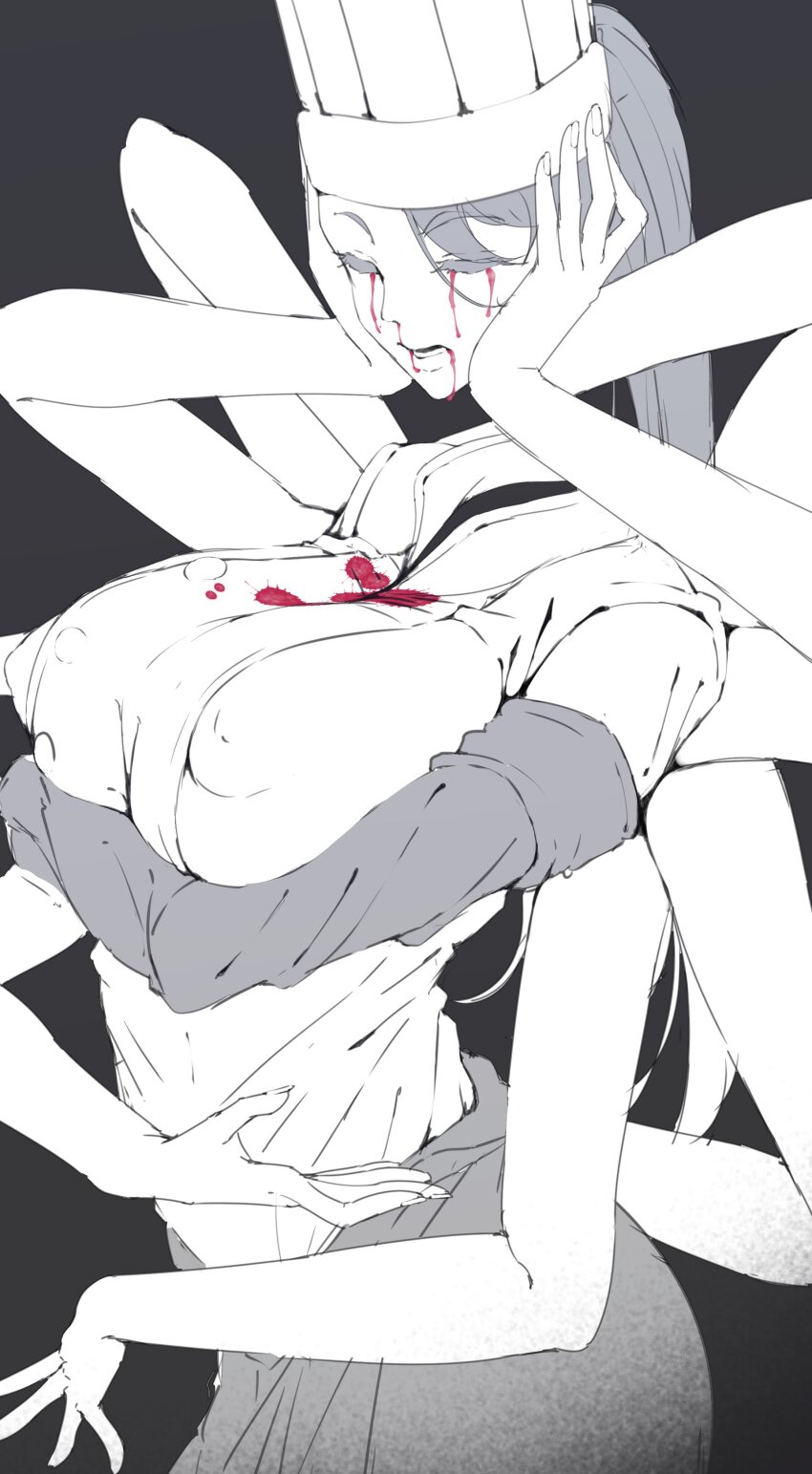 1girl absurdres arthropod_limbs black_blood black_hair black_tears blood blood_from_mouth blood_on_clothes bloody_tears breasts chainsaw_man chef chef_hat covered_erect_nipples extra_arms facing_to_the_side facing_viewer falling_devil_(chainsaw_man) flat_top_chef_hat hat highres holding_detached_head large_breasts long_hair monochrome nosebleed open_mouth parted_lips ponytail severed_head solo spot_color theobrobine