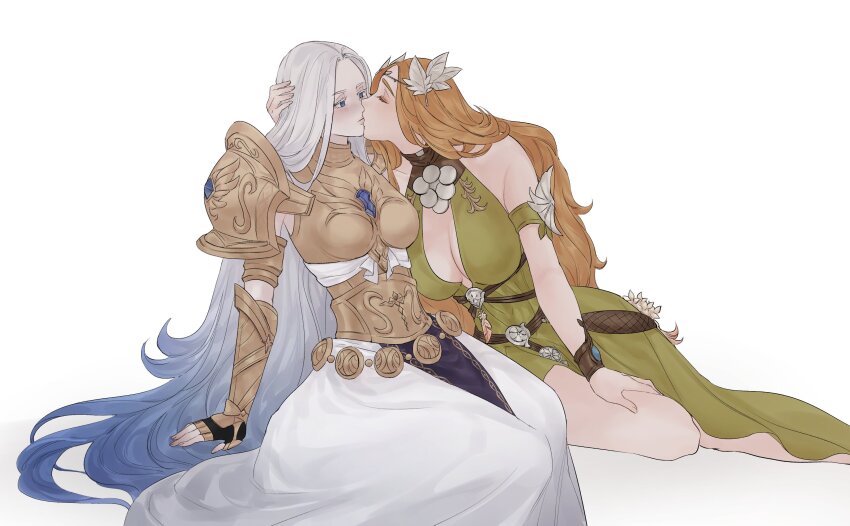 2girls absurdres armor astraea_010 bare_shoulders blue_eyes boobplate breastplate breasts cleavage cleavage_cutout closed_eyes clothing_cutout detached_sleeves dress final_fantasy final_fantasy_xiv foot_out_of_frame green_dress halone hand_on_another&#039;s_head hand_on_own_thigh highres kiss large_breasts long_hair multiple_girls no_headwear nophica orange_hair pauldrons shoulder_armor simple_background sitting skirt sleeveless sleeveless_dress vambraces very_long_hair white_background white_hair white_skirt yokozuwari yuri