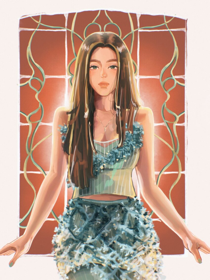 1girl artduchin blue_nails blue_shirt blue_skirt brown_hair closed_mouth commentary english_commentary highres irene_(red_velvet) jewelry k-pop long_hair looking_at_viewer necklace real_life red_velvet_(group) shirt skirt sleeveless solo striped_clothes vertical-striped_clothes