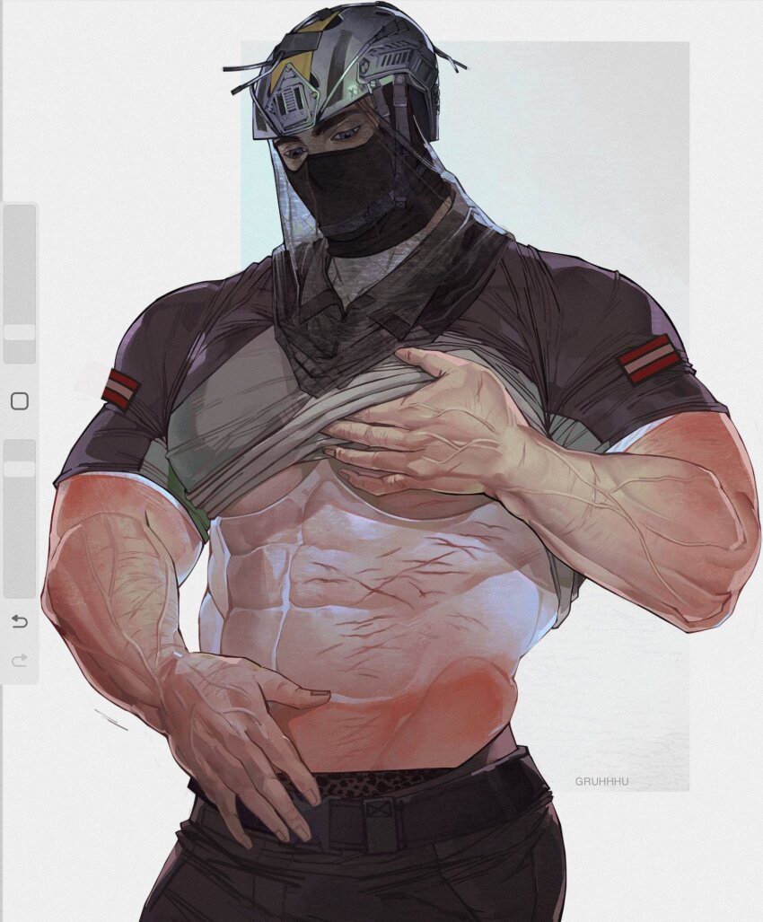 1boy abs bara call_of_duty call_of_duty:_modern_warfare_2 covered_face cowboy_shot gruhhhu helmet highres konig_(call_of_duty) large_pectorals male_focus mask mouth_veil multiple_scars muscular muscular_male pectorals scar simple_background solo sparse_arm_hair standing strongman_waist underpec undressing veil veins veiny_arms