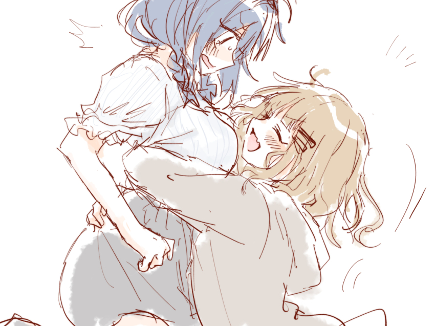 2girls :d blonde_hair blue_hair blush breasts closed_eyes confused dress emphasis_lines furutani_himawari grey_dress hair_ornament hairclip happy hood hoodie hug long_sleeves medium_hair migimiya_yoru multiple_girls oomuro_sakurako open_mouth parallel_hairclips picking_up puffy_short_sleeves puffy_sleeves short_hair short_sleeves simple_background sketch smile surprised white_background yuruyuri