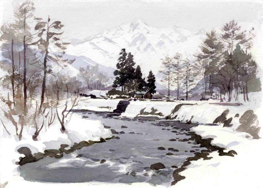 absurdres bare_tree building dead_plants highres house masuyama_osamu mountainous_horizon no_humans original painting_(medium) scenery snow stream traditional_media tree water watercolor_(medium)