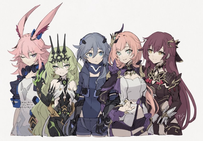 5girls animal_ears black_bodysuit black_dress black_gloves black_hair black_jacket black_shorts blue_eyes bodysuit breasts claw_ring cleavage cleavage_cutout clothing_cutout crown dress earrings eden_(honkai_impact) elf elysia_(honkai_impact) elysia_(miss_pink_elf)_(honkai_impact) fox_ears fu_hua fu_hua_(shadow_knight) gloves green_eyes green_hair grey_background grey_eyes grin hair_ornament headphones headphones_around_neck highres honkai_(series) honkai_impact_3rd jacket jewelry long_hair long_sleeves mobius_(honkai_impact) multiple_girls one_eye_closed open_mouth pink_hair pointy_ears ponytail purple_dress purple_eyes purple_hair yae_sakura_(goushinnso_memento) shirt shorts shrug_(clothing) simple_background single_earring smile takase_(takase1214) teeth white_shirt yae_sakura yae_sakura_(goushinnso_memento) yellow_eyes