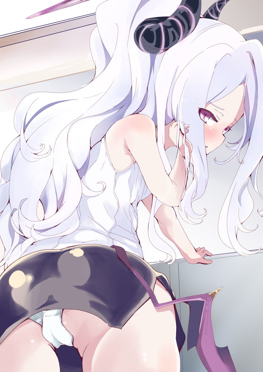 1girl ass black_skirt blue_archive blush demon_horns grey_hair halo hand_on_own_face highres hina_(blue_archive) horns long_hair looking_at_viewer low_wings panties purple_eyes purple_halo shi_ecchi shirt skirt sleeveless sleeveless_shirt underwear white_hair white_panties white_shirt wings