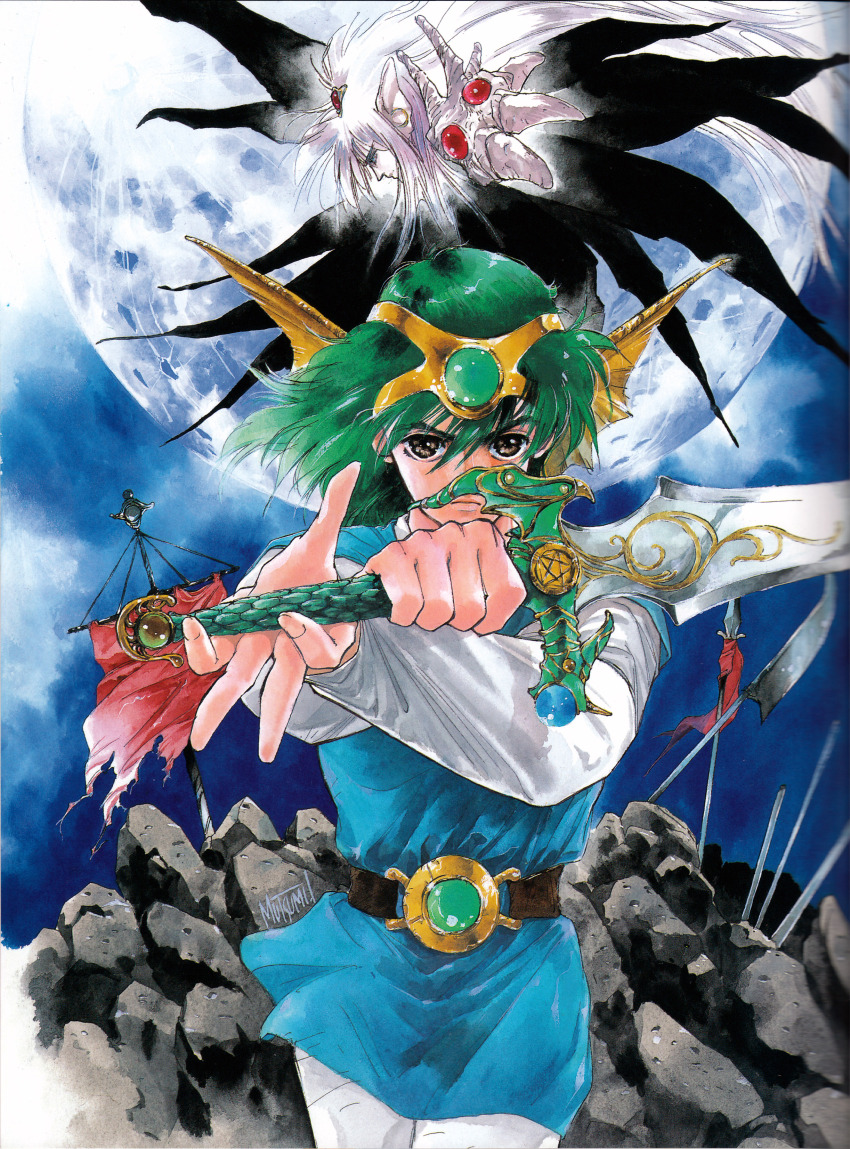 2boys absurdres banner belt belt_buckle black_cape blue_eyes blue_tunic bone bone_armor brown_eyes buckle cape dragon_quest dragon_quest_iv flag full_moon gem green_gemstone green_hair helm helmet hero_(dq4) highres holding holding_sword holding_weapon inomata_mutsumi long_hair moon multiple_boys night night_sky official_art pale_skin pants pisaro pointy_ears red_gemstone rock shirt short_hair shoulder_pads sky spreading_cape sword torn_cape torn_clothes tunic weapon white_hair white_pants white_shirt white_sleeves winged_hat winged_helmet zenithian_sword