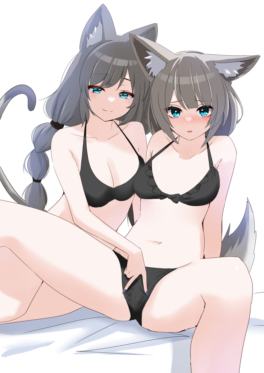 2girls :3 absurdres animal_ear_fluff animal_ears aqua_eyes bare_arms bare_shoulders bikini black_bikini black_hair blue_eyes blue_nails blush braid breasts cameltoe cat_ears cat_girl cat_tail cleavage closed_mouth collarbone dual_persona feet_out_of_frame fingering fingering_through_clothes fox_ears fox_girl fox_tail frills grey_hair halterneck highres kyoko_(vrchat) large_breasts long_hair looking_at_viewer medium_breasts multiple_girls nail_polish navel nose_blush on_bed open_mouth parted_lips presenting_another purple_nails saneko_(vrchat) simple_background sitting small_breasts smile spread_legs spread_pussy spread_pussy_under_clothes stomach suzuki-shi swimsuit tail thighs through_clothes twin_braids twintails underwear very_long_hair vrchat white_background yuri