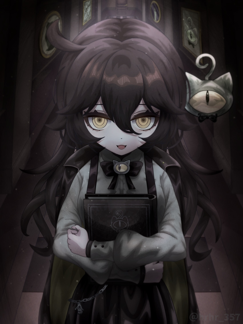 1girl :d absurdres ahoge black_bow black_bowtie black_hair book bow bowtie carpet crossed_arms eyeliner floor from_above grimmi_(vtuber) hallway highres holding holding_book horror_(theme) hrhr_gin_357 indie_virtual_youtuber indoors jacket jacket_on_shoulders long_hair long_sleeves looking_at_viewer makeup mansion messy_hair occult open_mouth pale_skin petite picture_frame ringed_eyes shirt sidelocks skelter_(grimmivt) skirt sleeve_cuffs smile suspender_skirt suspenders very_long_hair virtual_youtuber white_shirt yellow_eyes