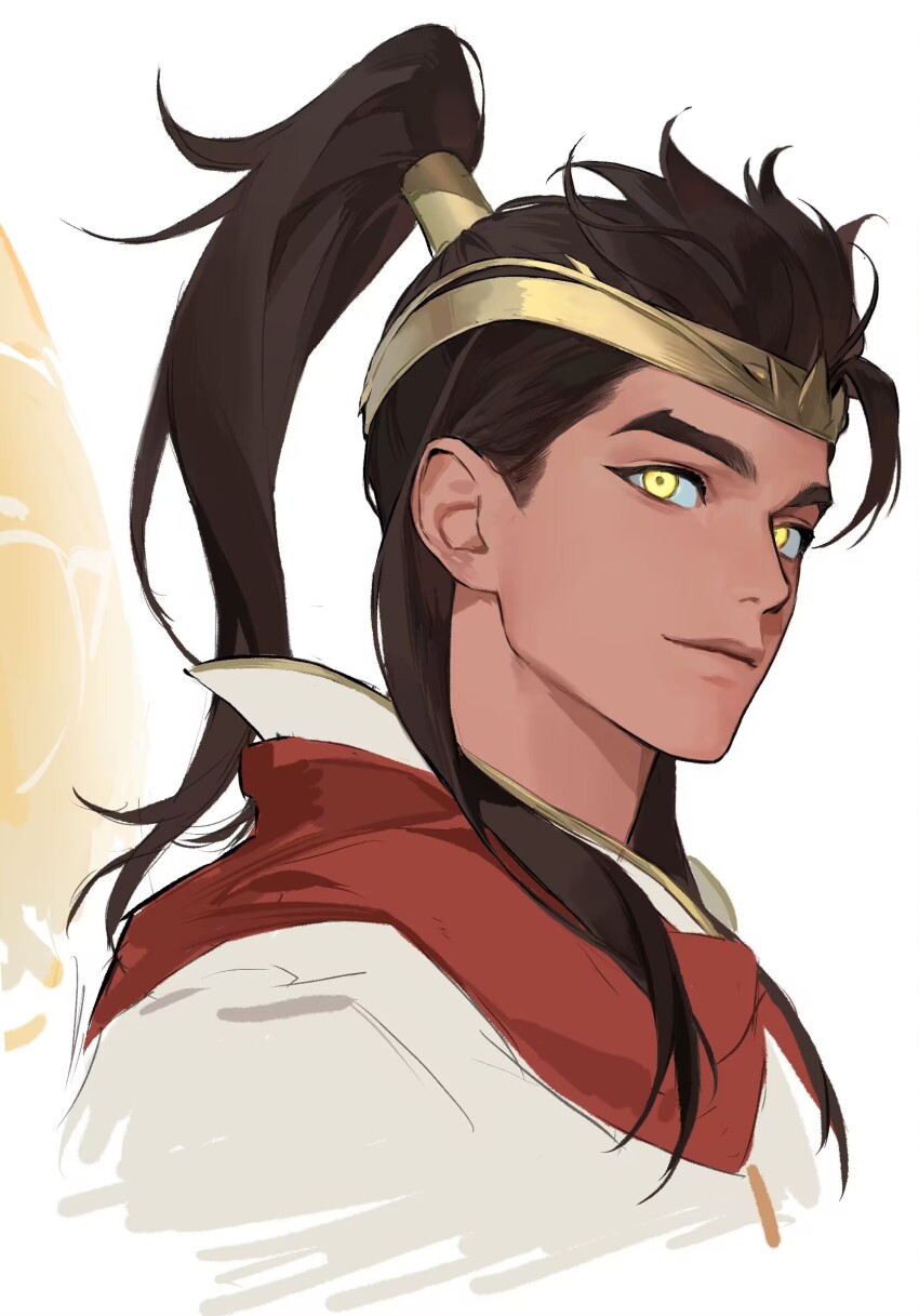 1boy black_hair brown_hair cleric_lifeweaver closed_mouth commentary dark-skinned_male dark_skin high_ponytail highres lifeweaver_(overwatch) light_smile long_hair looking_to_the_side male_focus motoyui official_alternate_costume official_alternate_hair_color overwatch ponytail popped_collar red_scarf scarf shirt sideways_glance simple_background solo white_background white_shirt wings xie_youqing yellow_eyes