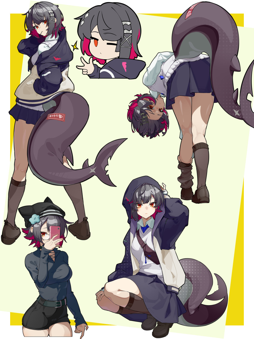 1girl absurdres alternate_costume black_hair black_skirt chibi chibi_inset ellen_joe fins fish_tail from_behind full_body highres hood hoodie jacket multicolored_jacket multiple_views red_eyes red_hair shark_girl shark_tail shirt skirt tail two-tone_jacket white_shirt yellow_background zenless_zone_zero zhileng_zhil